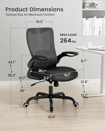 MUXX.STIL Office Chair, Ergonomic Desk Chair with Adjustable Lumbar Support and Flip up Armrest, Breathable Mesh Computer Chair for Home Office, Black