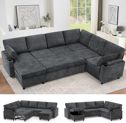 110" Chenille Sectional Sofa w/Pull Out Bed & Storage Chaise, Grey | Reversible U Shape Sofa w/Storage Armrests & Cup Holders, Corner Couch w/USB Charging Port & Throw Pillows for Living Room