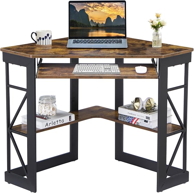 VECELO Corner Computer Desk 41 x 30 inches with Smooth Keyboard & Storage Shelves for Home Office Workstation, Antique Brown