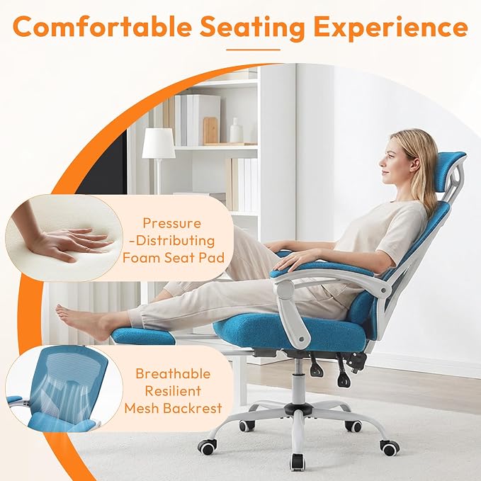Ergonomic Desk Chair, High Back Office Chair with Wheels and Arms, Computer Chair with Footrest, Swivel Reclining Gaming Chair with Headrest, Comfy Armrest for Home, Office, Work, Study, Elegant Blue