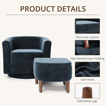 Swivel Accent Chair with Storage Ottoman Set of 2, Modern Velvet Barrel Chair, Upholstered Armchair with Footrest for Living Room/Reading/Bedroom, 25.4'' D x 28.35'' W x 24.4'' H, Blue