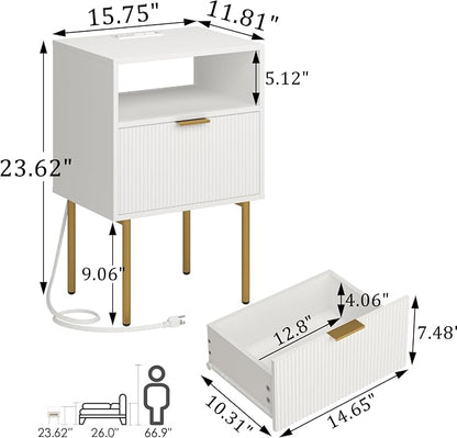 Modern Nightstand with Charging Station and LED Lights, White Bedside Table with Drawer, Fluted Side Table for Living Room, Bedroom