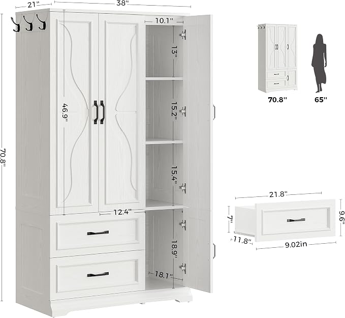 LIKIMIO Armoire Wardrobe Closet with 4 Doors and Drawers, Wardrobe Cabinet with Storage Shelves and Side Hooks, Clothing Storage Cabinet for Bedroom, White