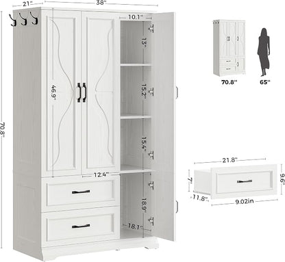 LIKIMIO Armoire Wardrobe Closet with 4 Doors and Drawers, Wardrobe Cabinet with Storage Shelves and Side Hooks, Clothing Storage Cabinet for Bedroom, White