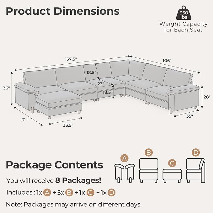 SITJOY Large Cloud Couch, 138" Wide 6 Seater U Shape, Chenille in Navy Blue | Detachable and Washable Chenille Cover Sectional Sofas for Living Room, Deep Seat Wide Couch with Chaise, Storage Ottoman