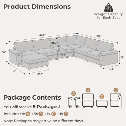 SITJOY Large Cloud Couch, 138" Wide 6 Seater U Shape, Chenille in Navy Blue | Detachable and Washable Chenille Cover Sectional Sofas for Living Room, Deep Seat Wide Couch with Chaise, Storage Ottoman