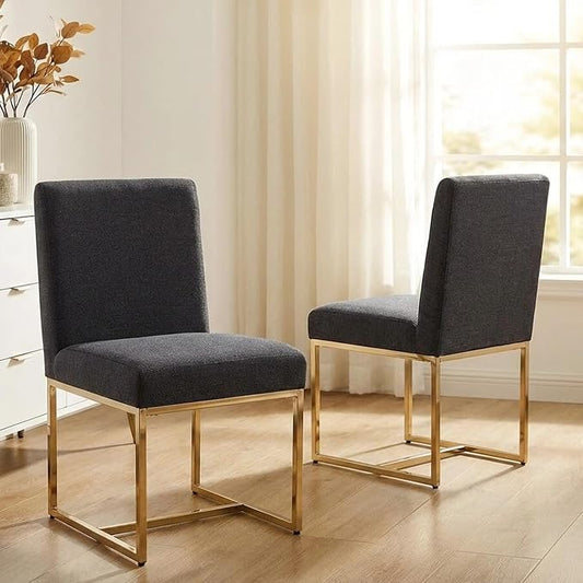 VESCASA Linen Upholstered Dining Chairs Set of 2, Mid Century Modern Padded Chair with Gold Metal Frame for Restaurant, Dining Room, Kitchen, Charcoal