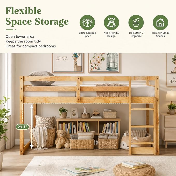 Twin Over Twin Bunk Bed, Low Profile Wooden Frame for Kids Bedroom, Floor Bunk with Ladder and Guardrails, Rubber Wood Construction, 13 Plywood Slats, No Box Spring Needed (Natural)