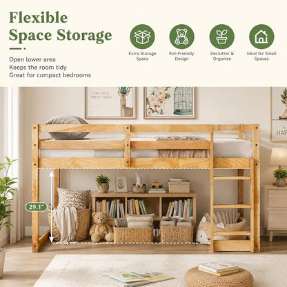 Twin Over Twin Bunk Bed, Low Profile Wooden Frame for Kids Bedroom, Floor Bunk with Ladder and Guardrails, Rubber Wood Construction, 13 Plywood Slats, No Box Spring Needed (Natural)