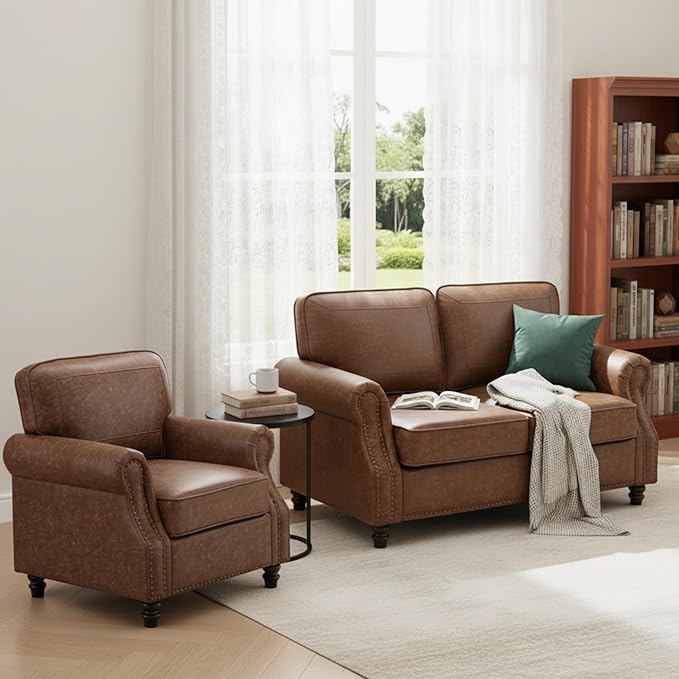 Kingfun Loveseat 2 Seater Couch with Chair, Mid Century Modern Faux Leather Sofa Set with Rolled Arms and Deep Seats, Fluffy Comfort for Living Room, Apartment, Easy Assembly, Dark Brown