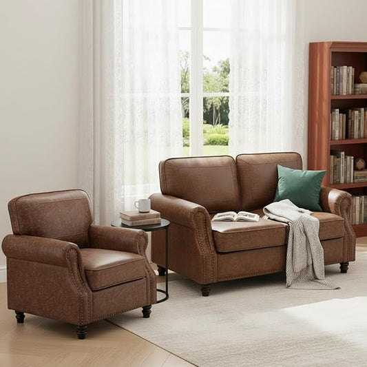 Kingfun Loveseat 2 Seater Couch with Chair, Mid Century Modern Faux Leather Sofa Set with Rolled Arms and Deep Seats, Fluffy Comfort for Living Room, Apartment, Easy Assembly, Dark Brown