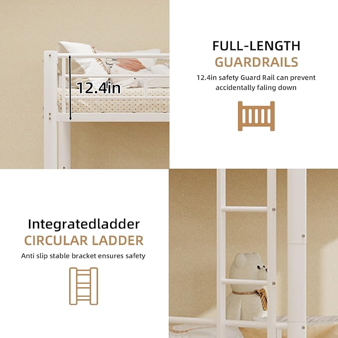 Bunk Bed with Trundle, Metal Twin Bunk Beds with Guardrail and Ladder for Kids/Teenagers/Adults, Space-Saving Bunk Bed Can be Split Into 3 Beds, No Box Spring Needed(White, with Trundle)