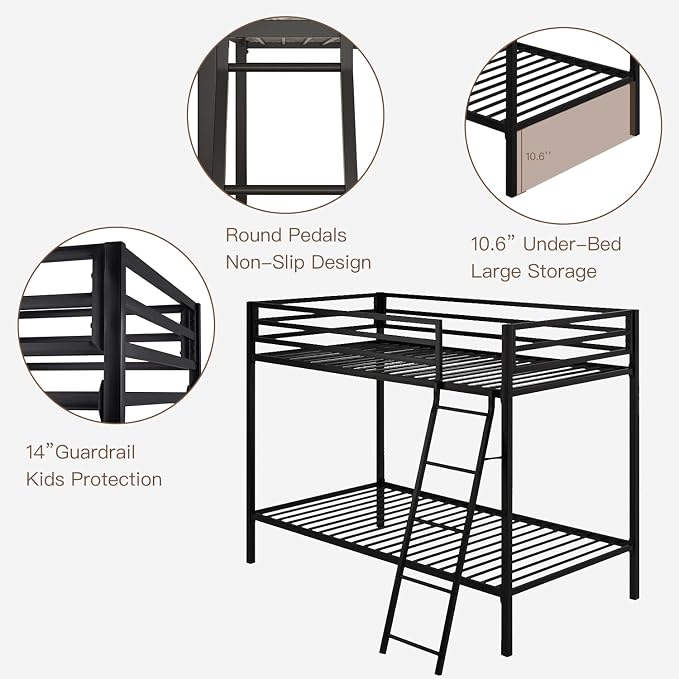 ikalido Metal Loft Bunk Bed Twin Over Twin Size with Ladder, Matte Black | Safety Guardrail,No Box Spring Needed, Space Saving Bedroom Furniture