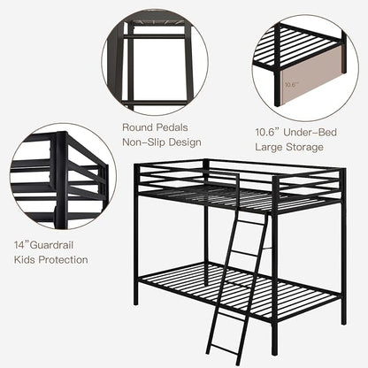 ikalido Metal Loft Bunk Bed Twin Over Twin Size with Ladder, Matte Black | Safety Guardrail,No Box Spring Needed, Space Saving Bedroom Furniture