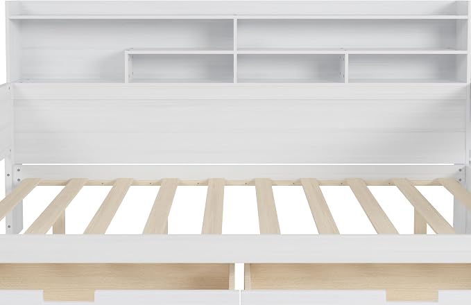 Merax Full Size Wood Daybed, Corner Bed Frame with Storage Shelves, 2 Drawers & Study Desk & Built-in Workspace, Multi-Functional Wooden Bed Space-Saving for Bedroom, Dorm, Guest Room, Antique White