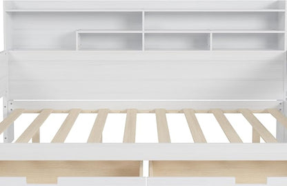 Merax Full Size Wood Daybed, Corner Bed Frame with Storage Shelves, 2 Drawers & Study Desk & Built-in Workspace, Multi-Functional Wooden Bed Space-Saving for Bedroom, Dorm, Guest Room, Antique White