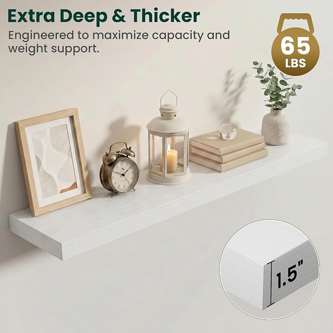 Floating Shelves for Wall 48 in x 9.3 in Deep, Wall Mounted Rustic Wood Shelf with Invisible Brackets for Storage & Display, Living Room Bedroom Bathroom, White, 2 Pack
