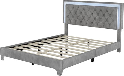 3-Pieces Bedroom Sets, Harper & Bright Designs Queen Size LED Velvet Platform Bed Frame with LED Lights & Tufted Headboard, Wood Slat Support, No Box Spring Needed, Easy Assembly (Grey)