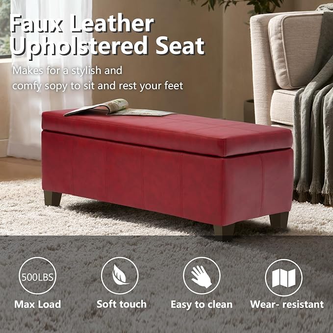 41" Storage Ottoman, Storage Bench with Safety Hinge, Upholstered Synthetic Leather Ottoman Bench for Bedroom, Living Room, Entryway, Hallway, Foot Rest, Support 500lbs