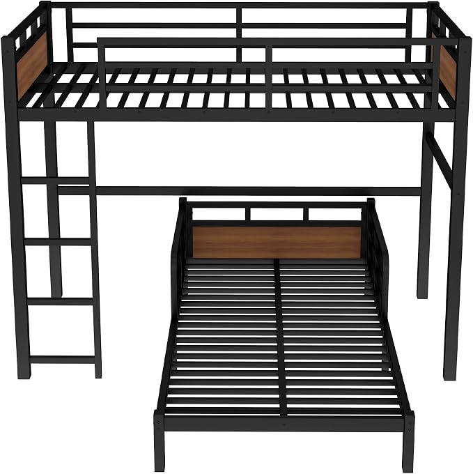 Twin XL Over Twin XL Metal Bunk Bed, Heavy Duty Convertible Bunk Bed Frame with Headboard & Full Guardrails, Can Be Split into Two Platform Beds or Loft Bed,Walnut