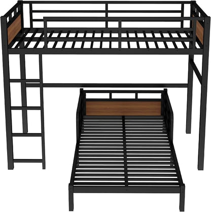 Twin XL Over Twin XL Metal Bunk Bed, Heavy Duty Convertible Bunk Bed Frame with Headboard & Full Guardrails, Can Be Split into Two Platform Beds or Loft Bed,Walnut