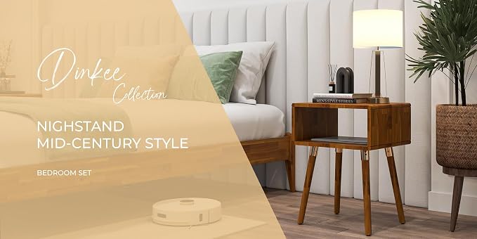 Bme Dinkee Solid Wood Nightstand, Fully Assembled, Without Drawer for Mid Century Bedroom and Living Room, Caramel