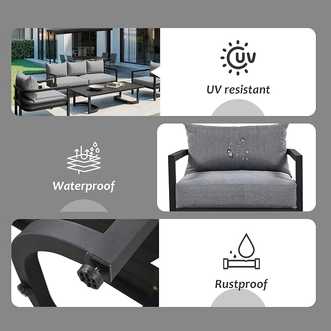 4-Piece Outdoor Steel Sofa Set, All Weather Patio Conversation Set with 1 Love Sofa, 2 Single Sofa and Coffee Table, Waterproof Cushions, Suitable for Backyard Poolside Gardens (Light Grey-Z)