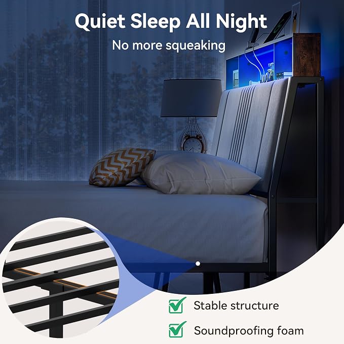 BedsPick Queen Bed Frame with Ergonomic Headboard, Upholstered Metal Platform Bed Queen Size with 2-Tier Storage, Charging Station, Smart LED Lights, Easy Assembly, No Box Spring Needed, Gray
