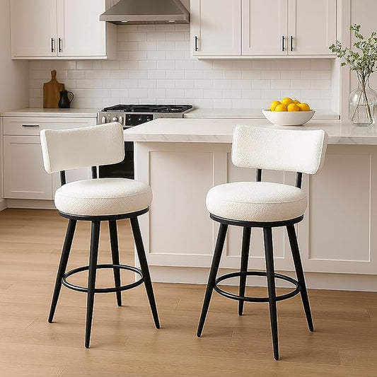 Bar Stools Set of 2, 26 Inches Modern Counter Stools with Metal Legs, Boucle Barstools with Backs, Bar Chairs for Kitchen Island, Upholstered Fabric White 2501