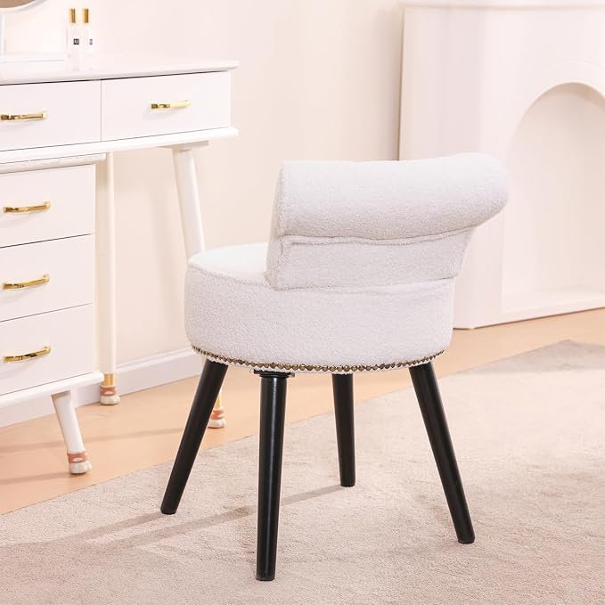 Vanity Chair with Back, Sherpa Stool with Tufted Low Backrest & Gold Nailhead Trim, Round Vanity Seat for Bedroom and Bathroom Makeup, Support 220lbs, Easy Assembly (Teddy White)