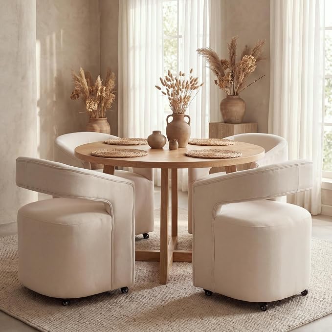 HNY 360° Swivel Upholstered Dining Chairs with Wheels Set of 6 – Soft Linen Fabric, Barrel Back Design, Rolling Kitchen Seating for Living Room, Makeup Vanity, Reception, Beige