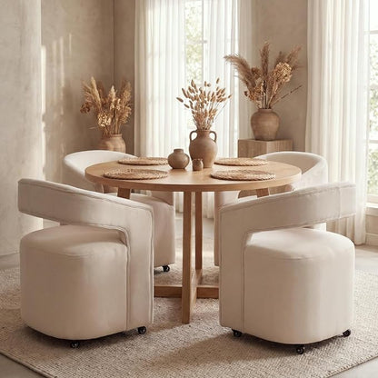 HNY 360° Swivel Upholstered Dining Chairs with Wheels Set of 4 – Soft Linen Fabric, Barrel Back Design, Rolling Kitchen Seating for Living Room, Makeup Vanity, Reception, Beige