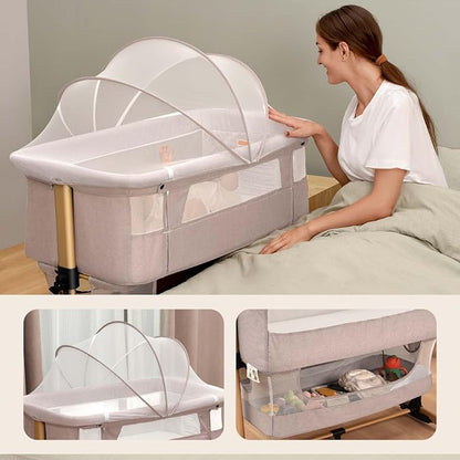 Soobaby Baby Crib Baby Bassinet Bedside Crib Adjustable Portable Bed for Infant,co Sleeping Bassinet Newborn Must Have Bed (Beige)