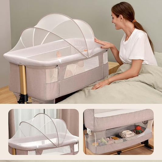 Soobaby Baby Crib Baby Bassinet Bedside Crib Adjustable Portable Bed for Infant,co Sleeping Bassinet Newborn Must Have Bed (Beige)