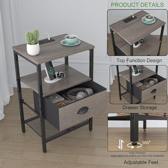 sthmec Nightstands Set of 2, LED Night Stands with Charging Station and Fabric Drawer, Bedside Tables with Drawers, 2- Tier LED Side Table End Table Charging Station Bedroom, Grey