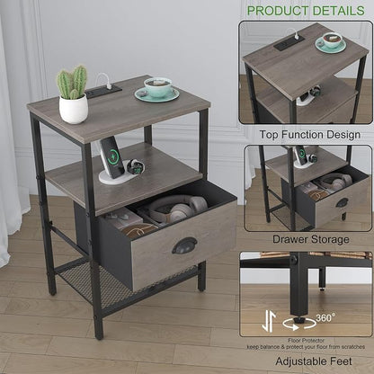 sthmec Nightstands Set of 2, LED Night Stands with Charging Station and Fabric Drawer, Bedside Tables with Drawers, 2- Tier LED Side Table End Table Charging Station Bedroom, Grey