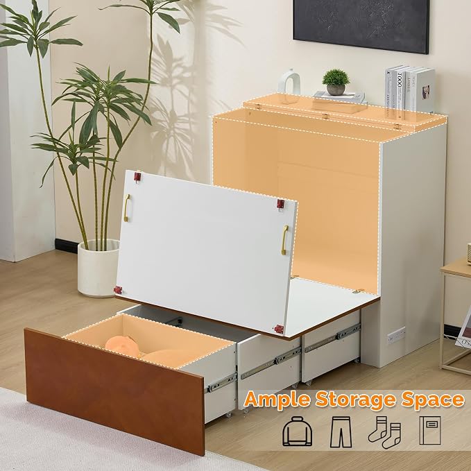 VINGLI Twin Murphy Bed with Storage Drawer,Rustic & Scandinavian Style Foldable Bed Cabinet with Charging Station,Hideaway Paltform Panel Bed for Small Spaces,Guest Room,Office,Apartment,Golden Brown