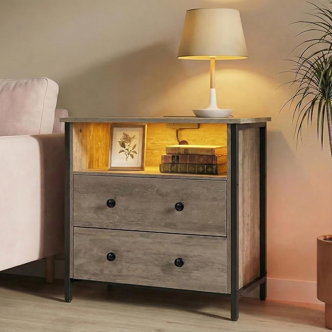27 Inch LED Nightstand with Charging Station, 2 Drawers, Gray | Solid Wood and Steel Frame, 2 AC Outlets, 2 USB Ports, RGB App Control, Open Storage, Adjustable Feet, for Bedroom or Office
