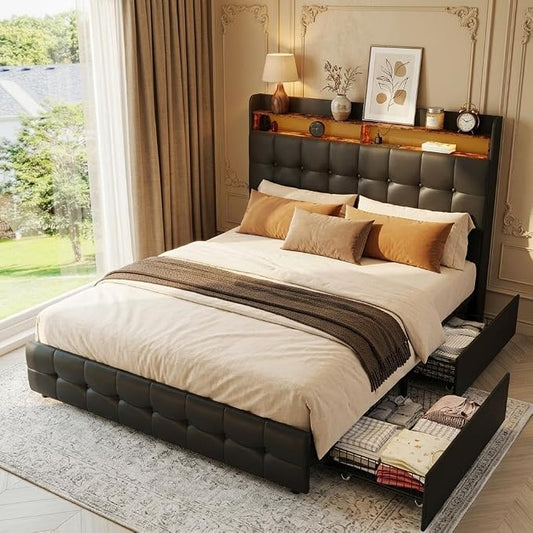 IDEALHOUSE Full Size Upholstered Bed Frame Fabric with Storage Drawers and LED Lights, Headboard and Frame for Cozy Bedroom Sets Upgrades