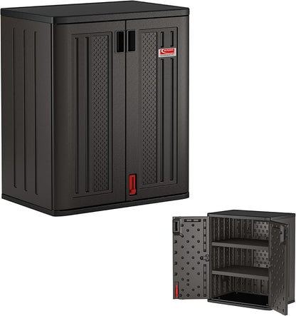 Suncast Heavy-Duty Resin Outdoor Storage Cabinet, 30" W x 20.25" D x 36" H Dark Grey Base Garage Storage Cabinet with Lockable Doors and Metal Reinforced Shelves, Made in the USA