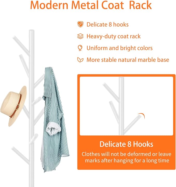 ZOZOE Metal Coat Rack Freestanding, Metal Coat Rack Stand with Natural Marble Base, Modern Coat Racks with 8 Hooks, White Coat Tree Hanger Stand for Jacket, Bag, Entryway, Office