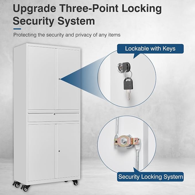 White Metal Storage Cabinet with Wheels, 73" Tall Garage Rolling Storage Cabinets with Doors and Shelves, Lockable Tool Caninet Steel Locking Cabnets for Home Office, Garage, Pantry