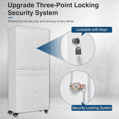 White Metal Storage Cabinet with Wheels, 73" Tall Garage Rolling Storage Cabinets with Doors and Shelves, Lockable Tool Caninet Steel Locking Cabnets for Home Office, Garage, Pantry