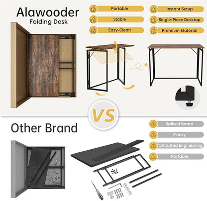 alawooder 39.4" Folding Desk: No Assembly, Wood Top for Small Spaces | 39.4 in dual-monitor workspace, holds 150 lbs, folds flat to 2.3 in, splash-proof top, home office or gaming