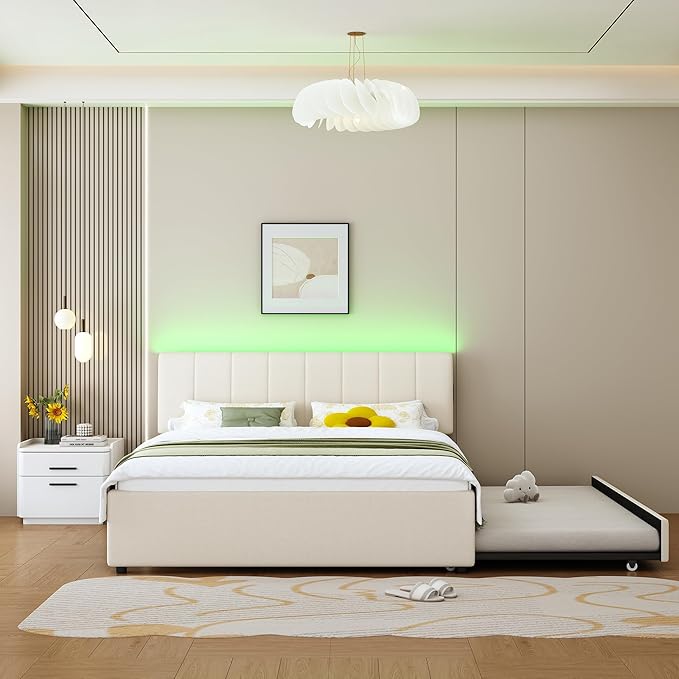 Queen Size Upholstered Platform Bed with Pull-Out Trundle Bed | Twin Size Trundle, LED Lighting Controlled by APP, USB+Type-C Charging Ports, Chenille Upholstered Bed Frame,Beige