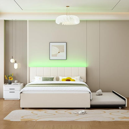 Queen Size Upholstered Platform Bed with Pull-Out Trundle Bed | Twin Size Trundle, LED Lighting Controlled by APP, USB+Type-C Charging Ports, Chenille Upholstered Bed Frame,Beige