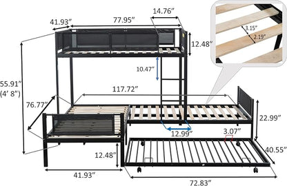 Livavege L-Shape Triple Bunk Bed with Trundle for 4 Kids/Teens/Adults, Metal Bunk Bed Twin Over Twin with Textilene Guardrail, Wood Slats, Low Bunkbed Frame for Dorm, Bedroom, Guest Room