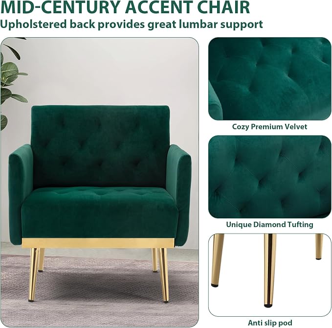 Green Accent Chair, Upholstered Velvet Armchair Comfy Modern Single Sofa Side Chair with arms and Metal Legs for Living Room Bedroom Reading