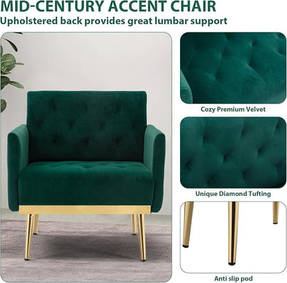 Green Accent Chair, Upholstered Velvet Armchair Comfy Modern Single Sofa Side Chair with arms and Metal Legs for Living Room Bedroom Reading