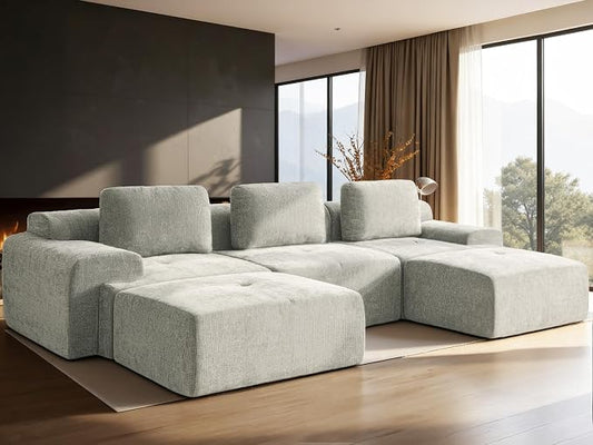 122" U-Shaped Modular Sectional Sofa, Oversized Boneless Cloud Couch for Living Room with Extra Deep Seat & High Back, Tool-Free No Assembly, Soft Chenille (Light Grey, 122 inch-U Shaped（3+2）)